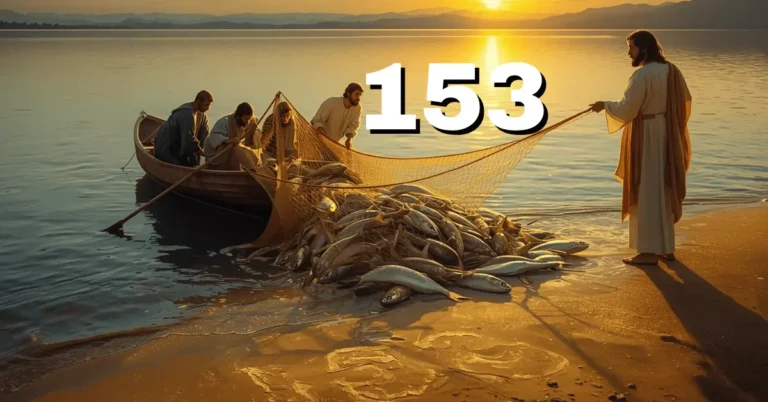 image of the disciples pulling in a net filled with 153 fish after Jesus’ resurrection, symbolizing abundance and divine mystery in the Gospel of John