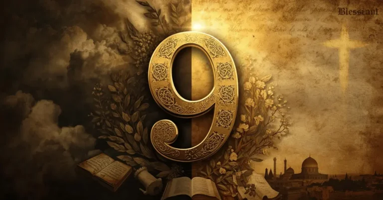 The number 9 glowing with light and shadow, symbolizing both judgment and blessing in Scripture, with a cross and rays of light in the background.