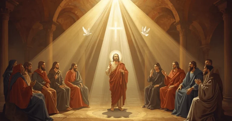 photoof apostles with light symbolizing Father, Son, and Holy Spirit, representing the foundation of the Trinity.