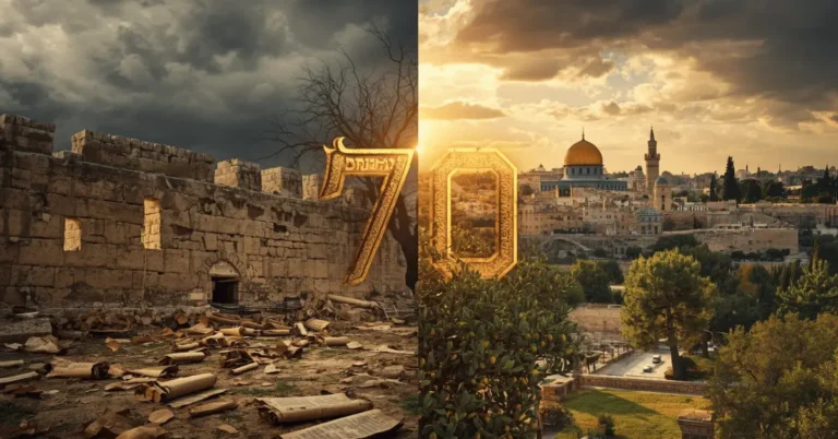 Symbolic number 70 in the Bible with imagery of exile and restoration, showing ancient scrolls, a broken city, and renewed light over Jerusalem