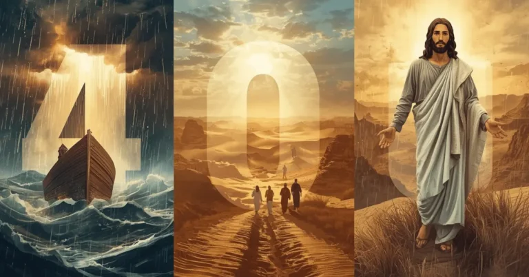 Biblical meaning of 40 represented by Noah’s flood, Israel’s wilderness journey, and Jesus’ forty days of fasting in the desert