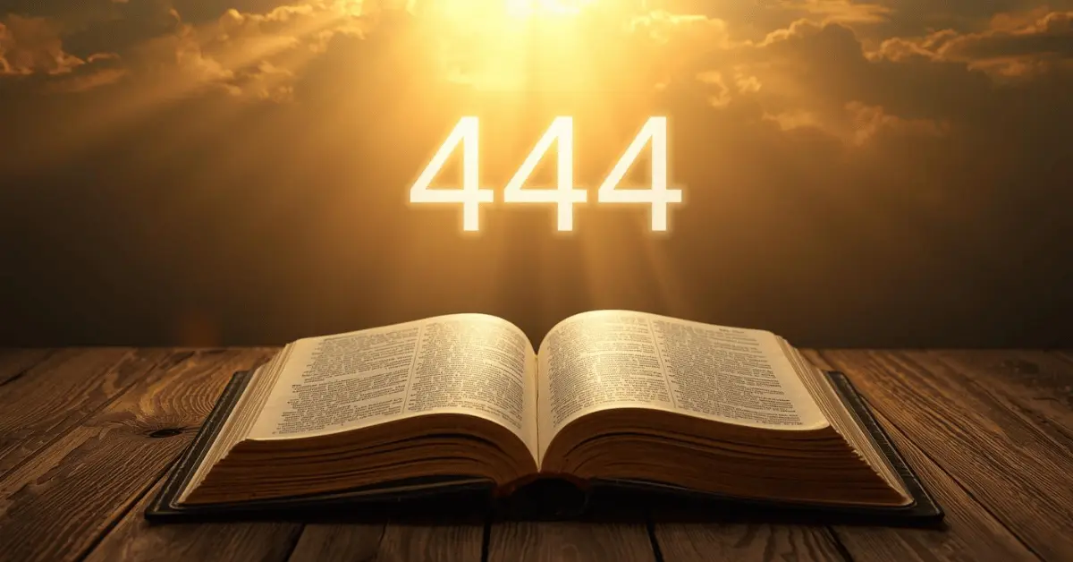 Biblical meaning of 444 with open Bible and glowing light symbolizing divine guidance