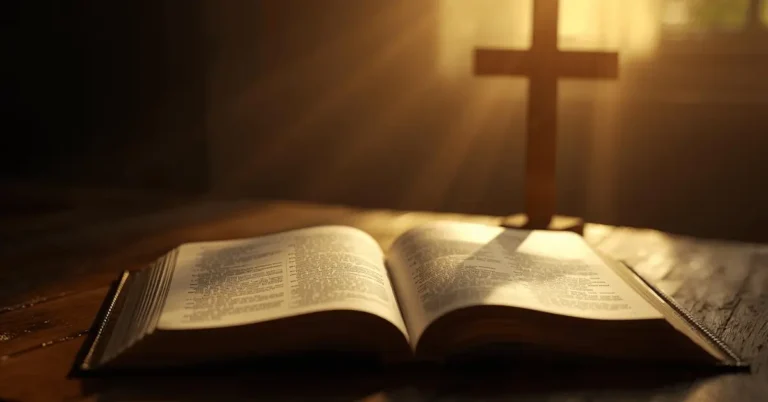 Grace in the Bible symbolized by light shining on an open Bible with a cross in the background